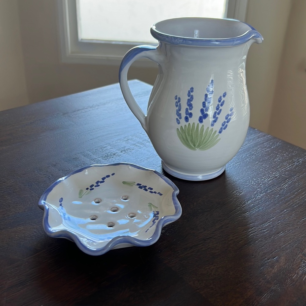 Hand Painted Lavender Bathroom Soap Dish and Pitcher
